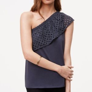 LOFT Gray Eyelet One Shoulder Top NWT